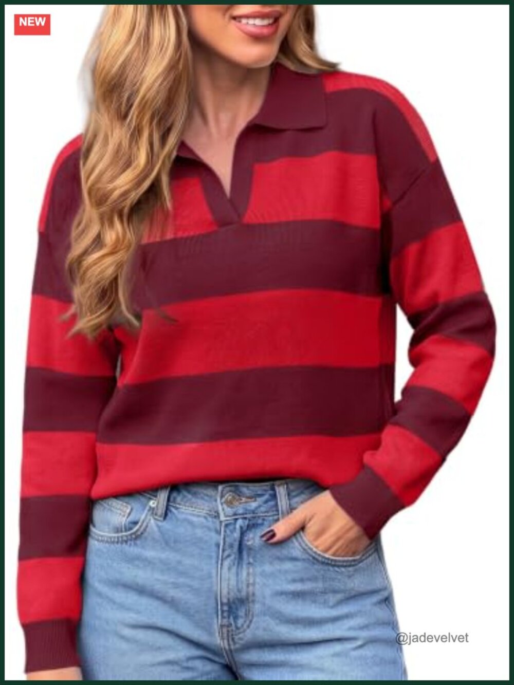 Viscose Blend Striped Polo Pullover Sweater Women Oversized Long Sleeve Knit Top